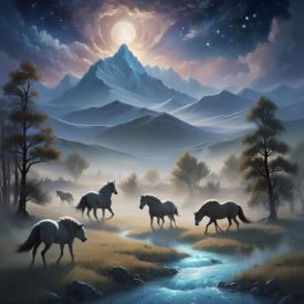 Mythlok - Tuvan_ a mystical landscape inspired by Tuvan Mythology — depicting the Siberian mountains and steppes under a twilight sky filled with stars