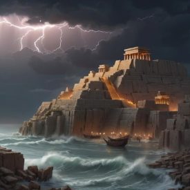 Mythlok - Ugaritic_ An ancient coastal city inspired by Ugaritic mythology at dusk