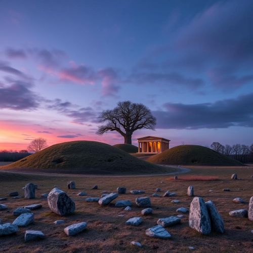 image of the Royal Mounds in Gamla Uppsala, Sweden, under a twilight sky.