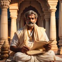 Mythlok - Vidura an image of Vidura from Indian mythology—a middle aged nobleman with calm eyes, dressed in simple dhoti and angavastram
