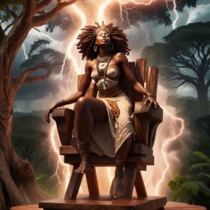 Woyengi, a majestic African goddess descending from the sky with thunder and lightning