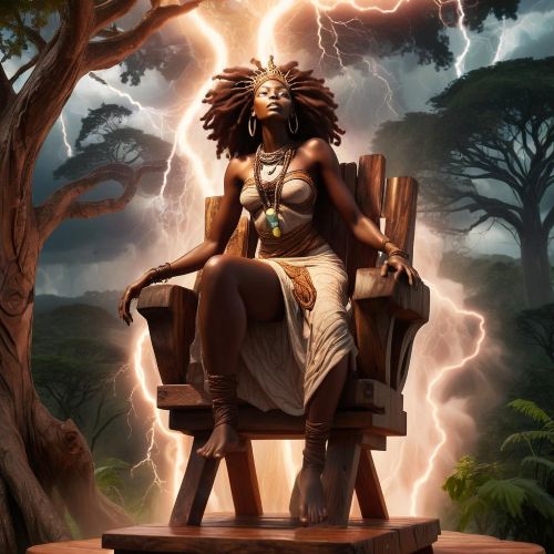 Woyengi, a majestic African goddess descending from the sky with thunder and lightning