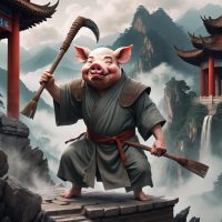 Mythlok - Zhu Baije an image of Zhu Bajie from Chinese mythology, featuring a pig-headed humanoid in monk robes