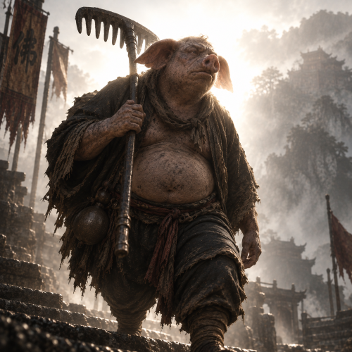 Zhu Bajie, the pig-like warrior monk, climbing ancient temple steps with his nine-toothed rake