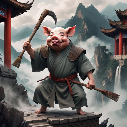 an image of Zhu Bajie from Chinese mythology, featuring a pig-headed humanoid in monk robes