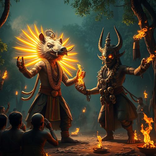 Panjurli vs Guliga: The Myth Behind Kantara Chapter 1 painting of Panjurli and Guliga during a Bhuta Kola ritual.