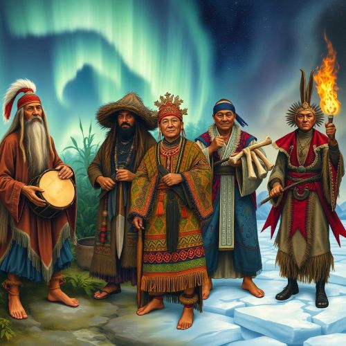 An image showing shamans from different cultures: a Siberian shaman with a drum under northern lights