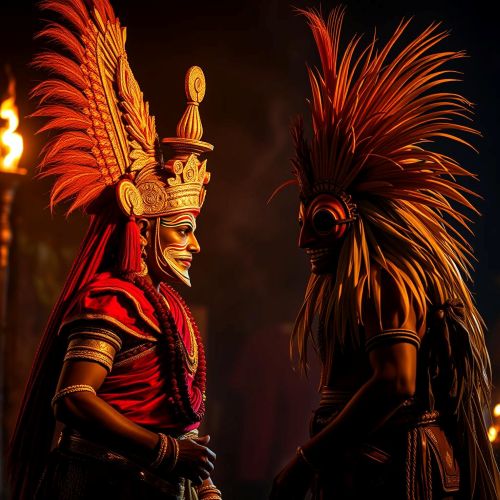 Theyyam vs Bhuta Kola: Understanding South India’s Sacred Ritual Traditions a vivid scene showing a Theyyam vs Bhuta Kola performer