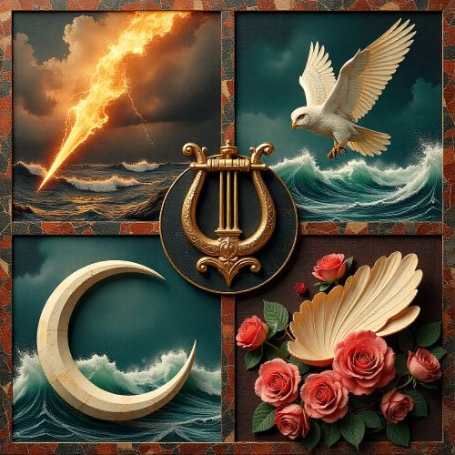 major Greek god symbols arranged in a dramatic layout