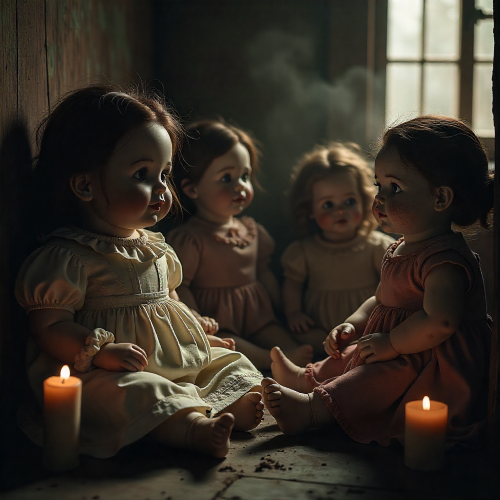 haunted dolls from around the world displayed in an eerie museum room lit by flickering candlelight