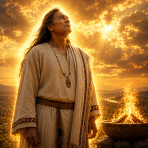Aba’ Binni’li’, Chickasaw creator deity, standing beside sacred fire beneath a glowing sky.