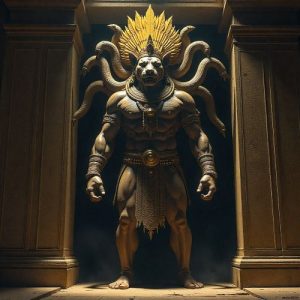 Moche deity Ai Apaec emerging from a dimly lit temple mural,