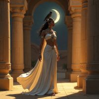 Mythlok - Amesami Amesami, the Kushite moon goddess. She stands in an ancient Nubian temple at dusk, wearing a long white robe
