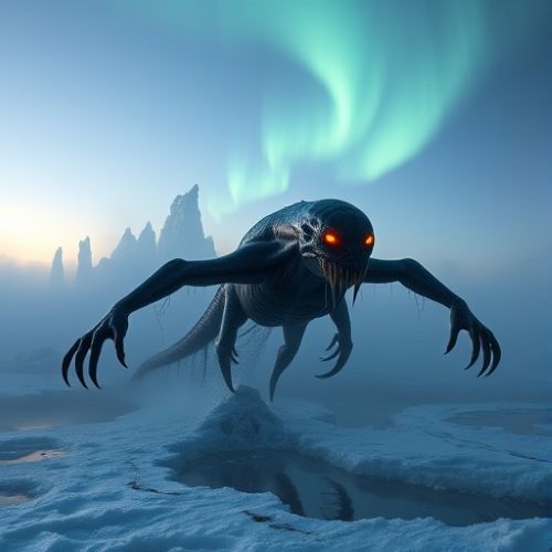 Amikuk from Yup’ik mythology emerging from the frozen Alaskan tundra at twilight