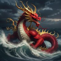 Mythlok - Ao Qin Ao Qin, the Dragon King of the South Sea, depicted as a majestic red-scaled dragon with golden antlers,