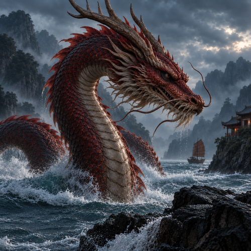 Ao Qin, the South Sea Dragon King, rising from dark ocean waves