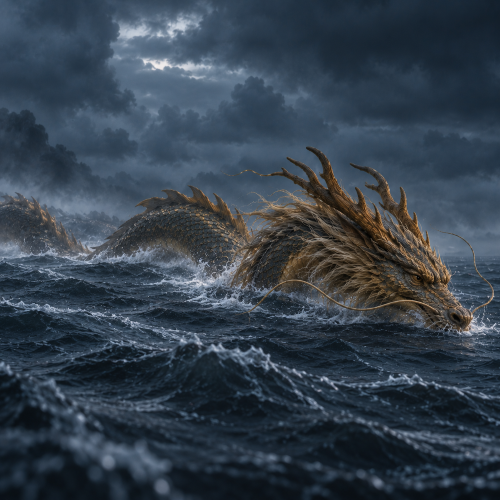 Ao Run, the Chinese Dragon King of the West Sea, swimming through a dark, stormy sea