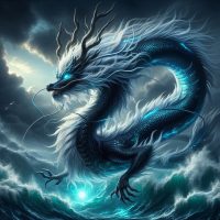 Mythlok - Ao Shun Ao Shun, the Dragon King of the North Sea, in his majestic dragon form, soaring above a stormy Arctic-blue sea