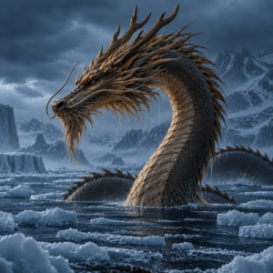 Ao Shun, the Chinese Dragon King of the North Sea, emerging from a semi-frozen sea surrounded by ice floes, glaciers, and misty mountains.
