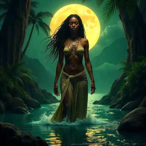 Atabey, the Taíno Mother of Waters and Creation. She stands at the center of a lush Caribbean landscape