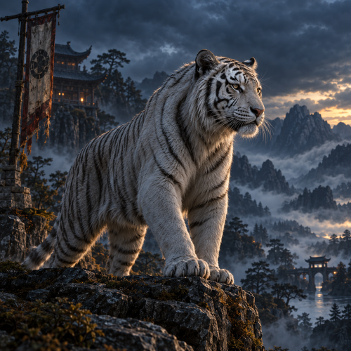 Baihu, the White Tiger of Chinese mythology, standing on a rocky mountain ledge above a misty Chinese landscape