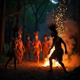 Mythlok - Baining_ scene of a Baining Fire Dance in a rainforest clearing representing Baining Mythology