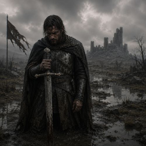 Sir Balin holding the cursed sword