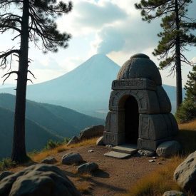 Mythlok - Banks Island_ scene inspired by Banks Islands mythology: volcanic highland landscape with wind sweeping through tall trees.