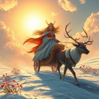 Mythlok - Beaivi Beaivi, the Sámi sun goddess, depicted as a radiant woman bathed in golden light. Her flowing golden hair glows like sunlight, and she rides a chariot drawn by reindeer across a shimmering Arctic sky
