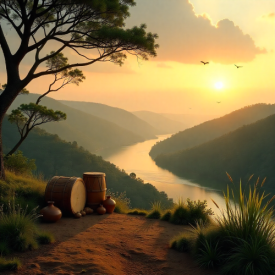 Mythlok - Bemba_ A tranquil Zambian highland landscape at sunrise representing Bemba mythology.