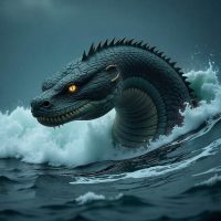 A colossal Mapuche water serpent, Cai Cai-Vilu, rising from the stormy ocean