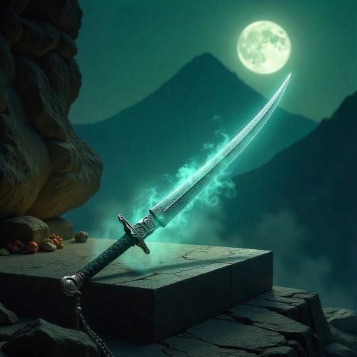 the divine sword Chandrahas resting on an ancient stone altar.