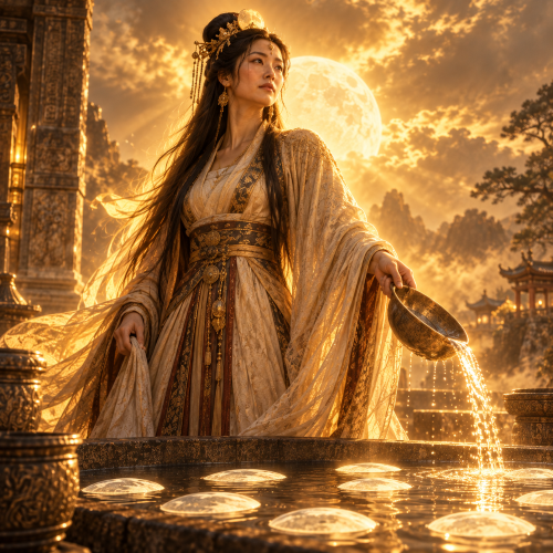 Chang Xi, the ancient Chinese lunar goddess, stands beside a celestial pool, bathing the twelve moons in golden divine light amid misty mountains and traditional Chinese architecture.
