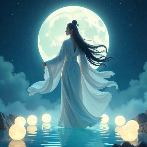 Chang Xi, standing beside a glowing celestial pool under a full moon, surrounded by twelve luminous moon orbs representing her daughters.