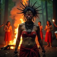 Mythlok - Chavundi f Chavundi, the Tulu Nadu guardian spirit—ash-smeared skin, glowing eyes, skeletal ornaments, and wild hair, standing before a blazing ritual fire in a dark forest.