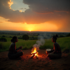 Mythlok - Chewa_ A lush Malawian village landscape at dusk symbolizing Chewa mythology.