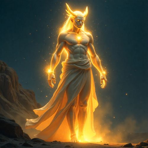 A towering humanoid embodiment of Chiminigagua, formed entirely of radiant white-gold cosmic light