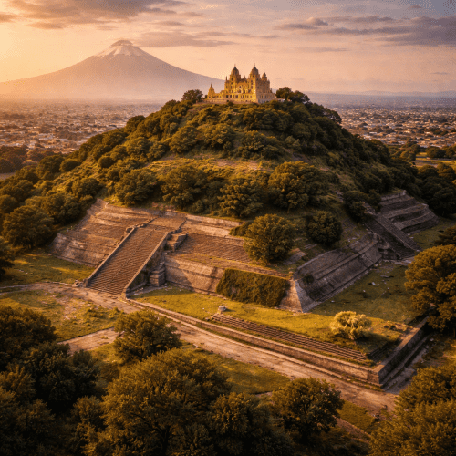 image of the Great Pyramid of Cholula at sunrise