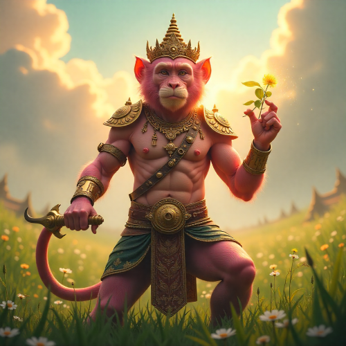 Chomphuphan, the pink-skinned monkey warrior from Thai mythology, standing in a lush battlefield under golden light.