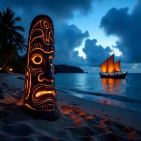 Mythlok - Cook Islands_ scene on a Cook Islands shoreline at twilight representing Cook Islands mythology