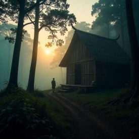 Mythlok - Dani_ scene inspired by Dani mythology: Papua highlands at dawn with misty mountains