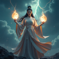 Mythlok - Dianmu Dianmu, a majestic Chinese goddess stands amid storm clouds, her long silk robes flowing in the wind.