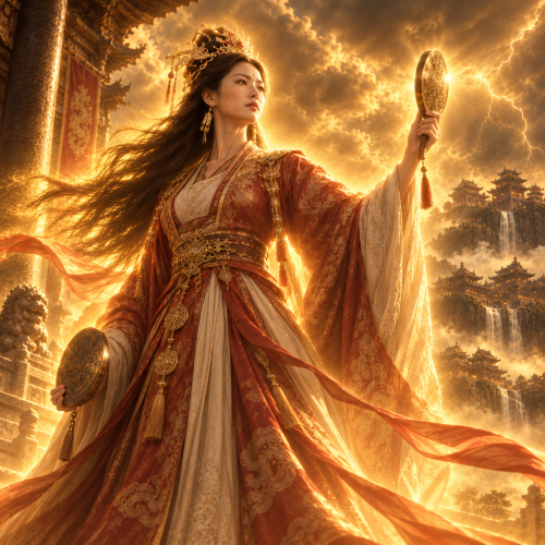 Dianmu, the Chinese goddess of lightning, holding sacred mirrors amid golden storm clouds
