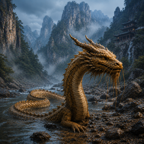 Dilong, the Chinese Earth Dragon, rises from a rocky mountain stream amid cool blue mist and towering peaks, its warm bronze-gold scales contrasting with the landscape.