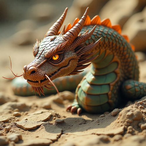 Dilong, Chinese Earth Dragon, serpentine and wingless, emerging from cracked soil with shimmering mineral-colored scales in earthy browns and greens, glowing amber eyes, long whiskers, and horned head.