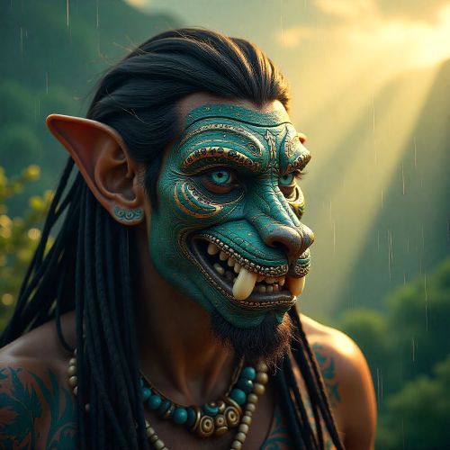 Dzahui, the Mixtec rain god, with blue-green rain-goggle eyes, jaguar-like curled fangs, a turquoise nasal protrusion