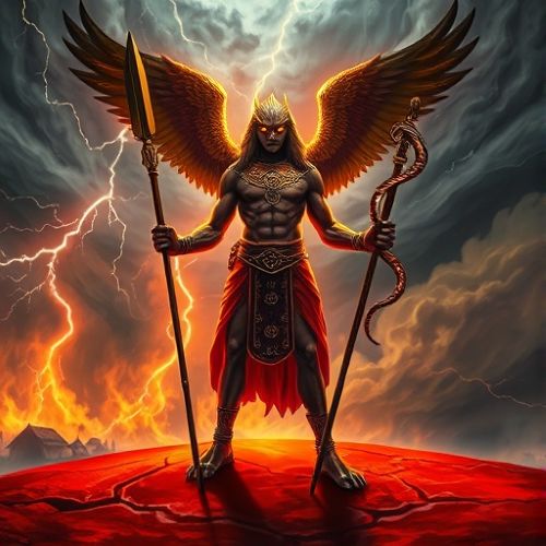 Ekwensu from Igbo mythology—an imposing, shape-shifting deity emerging from swirling storm clouds, half-human and half-eagle