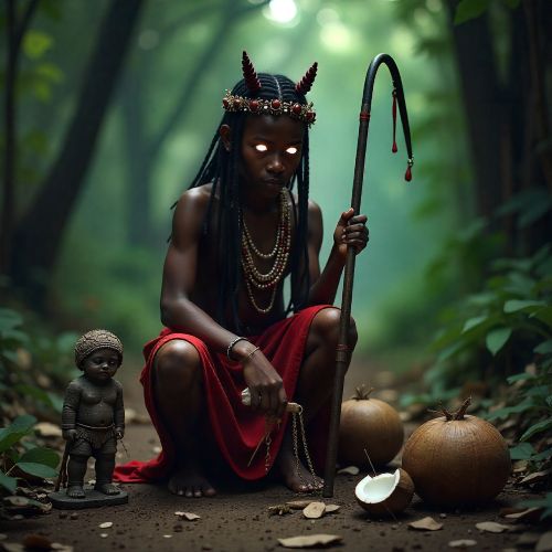 Elegguá at the crossroads, depicted as a youthful trickster with red and black attire