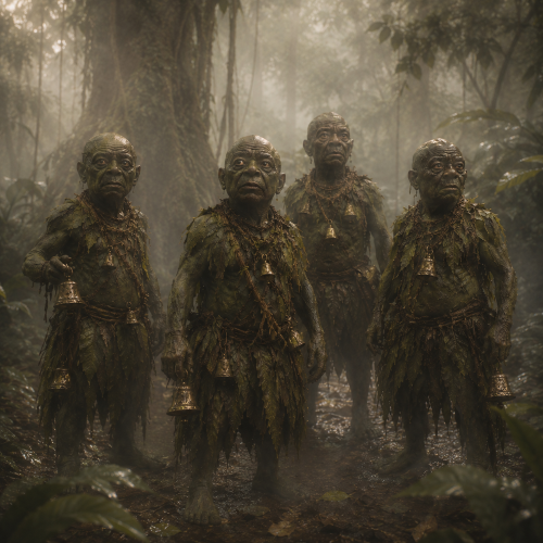 Eloko forest spirits standing in the misty Congo rainforest