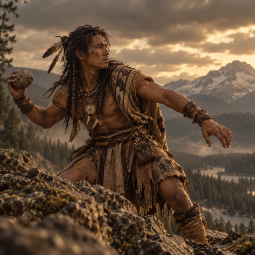 Enumclaw, the Coast Salish thunder spirit, portrayed as a rugged Indigenous hunter